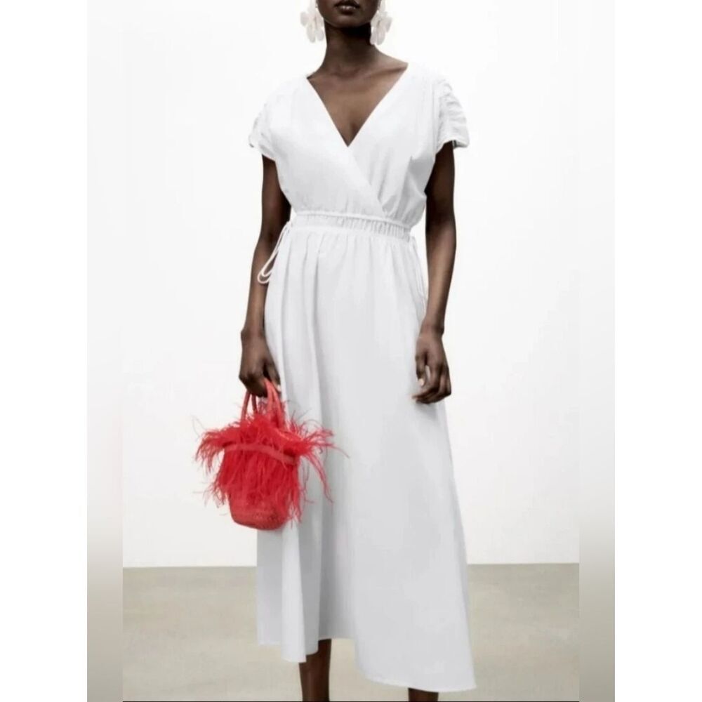 NWT ZARA WHITE 100% COTTON POPLIN FLOWING V-NECK MIDI DRESS WITH TIES, SIZE L